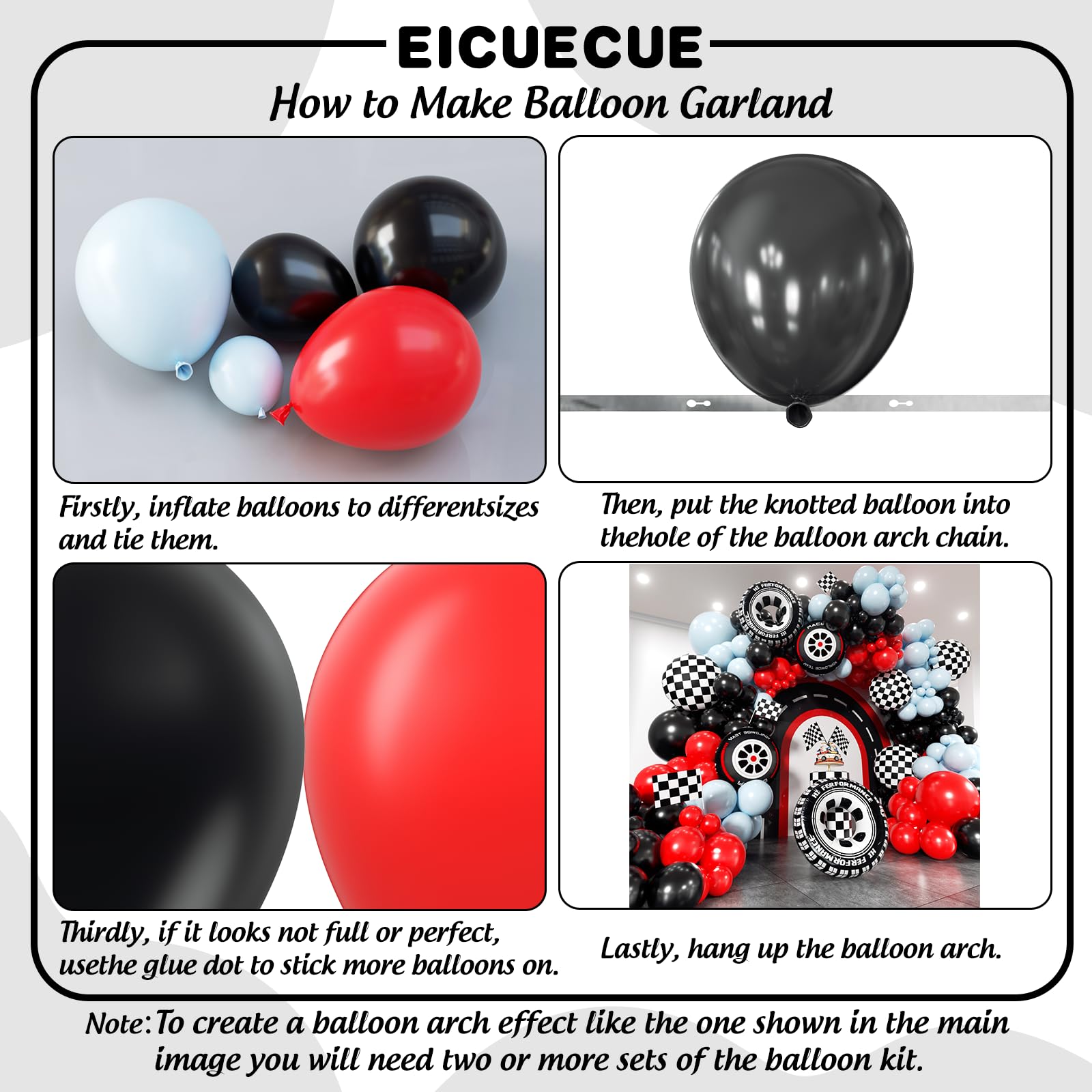 EICUECUE Race Car Balloon Arch Kit - 168Pcs Different Size Balloons Tire Flags Checkered Black Red Blue Balloon Garland Kit for Racing Car Two Fast 2nd Theme Boy Birthday Anniversary Party Decorations
