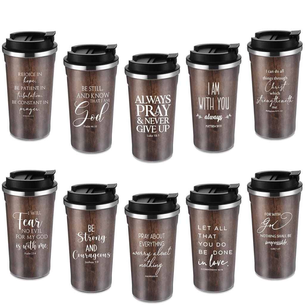 Meanplan 10 Set Christian Fathers Day Church Gifts Bible Verse Tumbler Bulk 17oz Coffee Cup Religious Jesus Tumbler Inspirational Mug for Men Women Teacher (Wood Grain, Bible Theme)