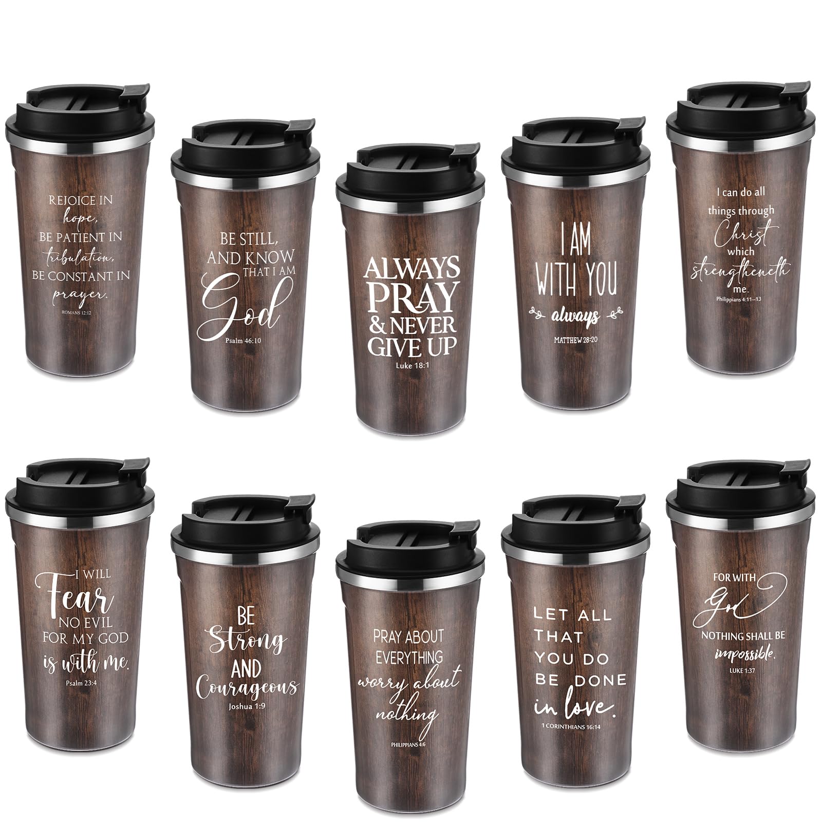 Meanplan 10 Set Christian Fathers Day Church Gifts Bible Verse Tumbler Bulk 17oz Coffee Cup Religious Jesus Tumbler Inspirational Mug for Men Women Teacher (Wood Grain, Bible Theme)