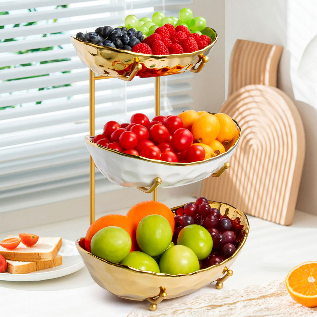LIJINGCHEN 3 Tier Fruit Basket for Kitchen Counter, Modern Ceramic Fruit Bowl with Gold Metal Stand, Tiered Fruit Tray for Countertop, Snacks, Nuts, Cakes, Desserts, Candy