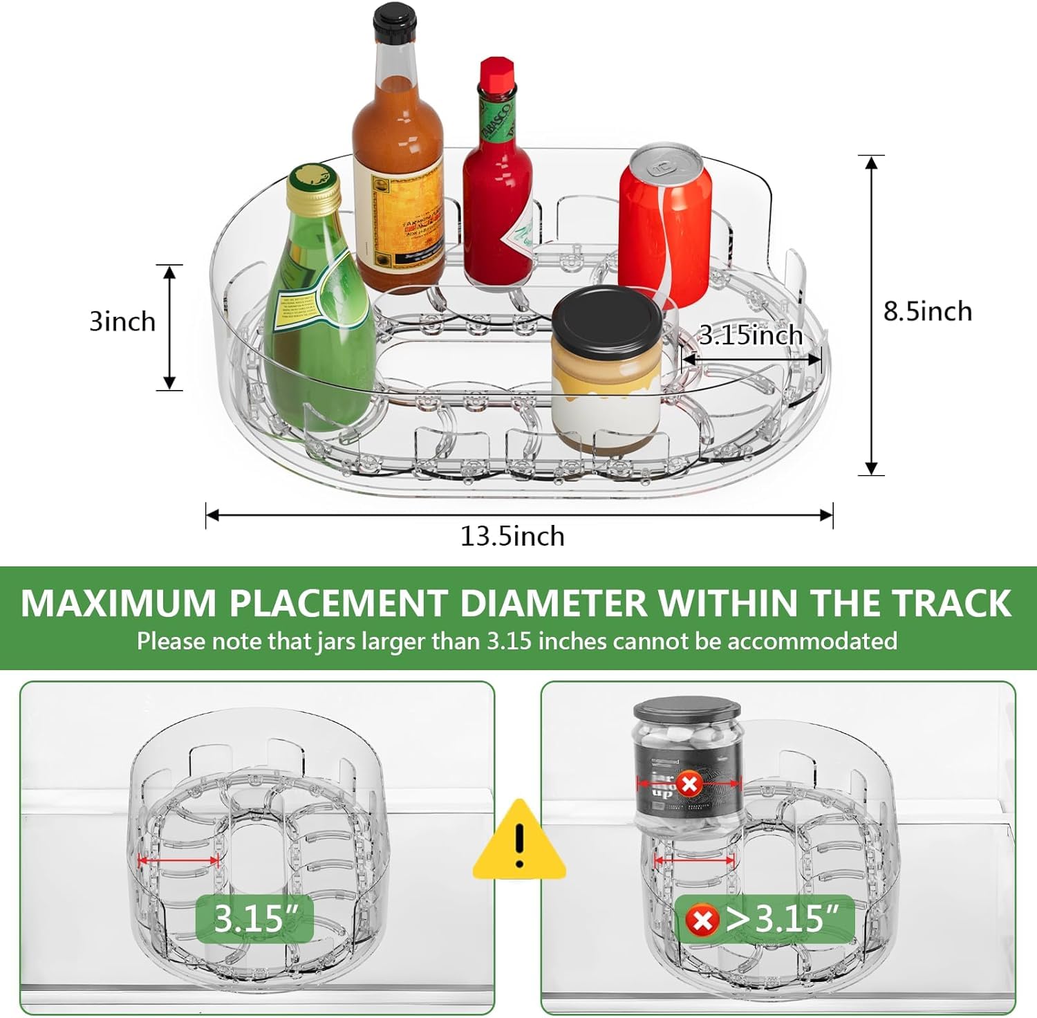 Onadak Lazy Susan Turntable Organiser for Fridge, 360°Rotating Spice Racks for Kitchen Cabinet, Fridge and Pantry Organizer, 33 X 7.5cmClear PET Revolving Condiment Holder﻿