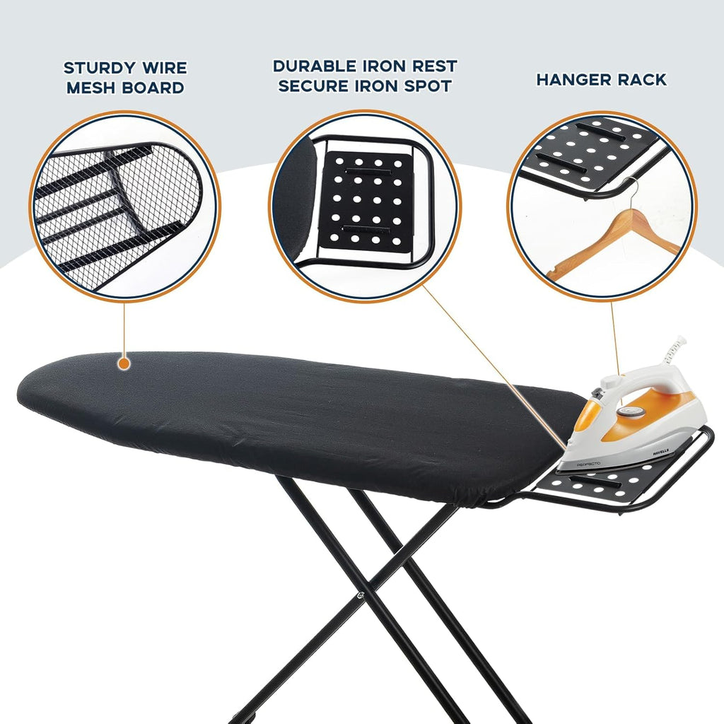 RAINHOL Full Size Ironing Board - Heavy Duty 54"x13" with Heat Resistant Cover & Adjustable Height | Black