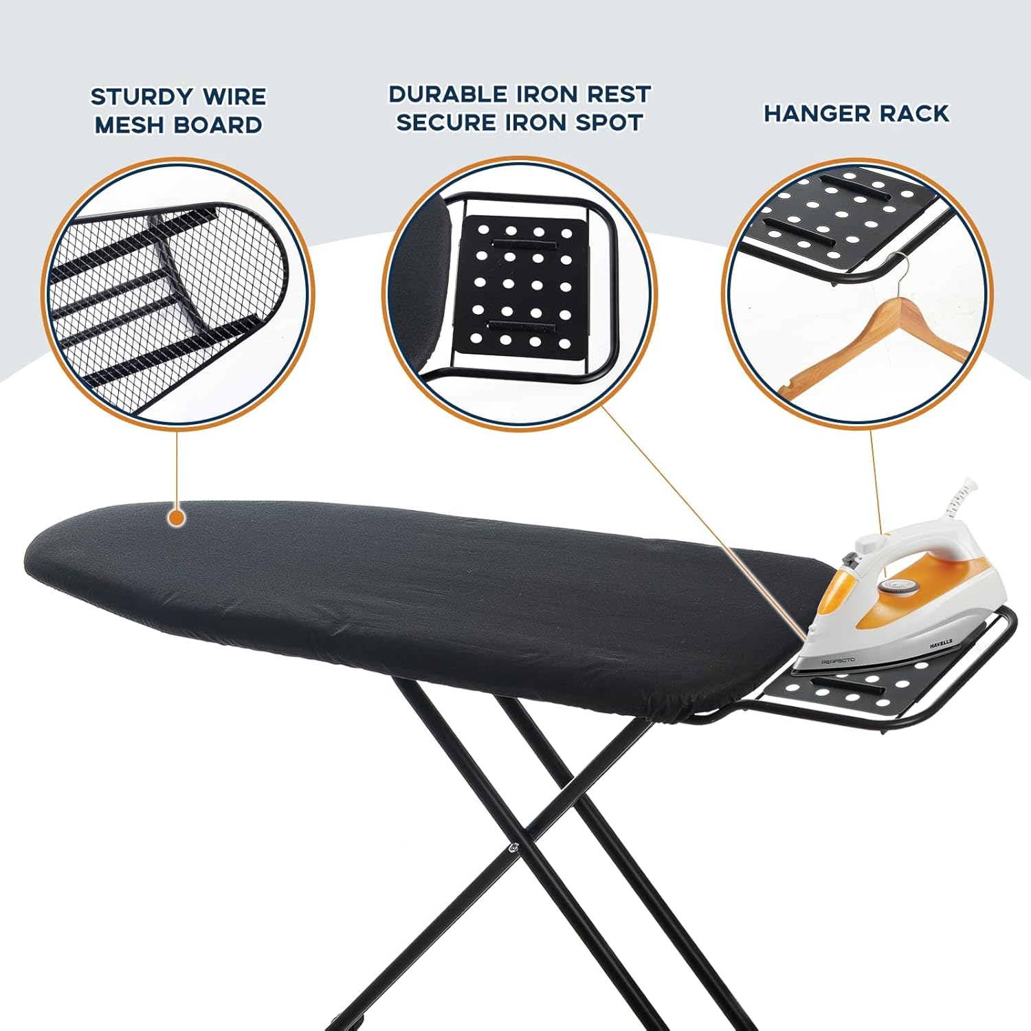RAINHOL Full Size Ironing Board - Heavy Duty 54"x13" with Heat Resistant Cover & Adjustable Height | Black