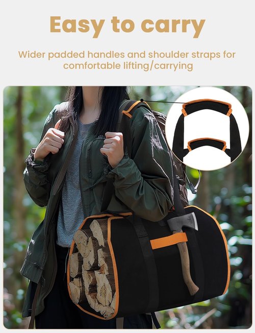 YOHOOLYO 2 In 1 Firewood Carrier, Waxed Canvas Large Fireplace Log Carriers Heavy Duty Firewood Tote Bag Log Holder with Handles Strap for Fireplace Indoor Outdoors Camping
