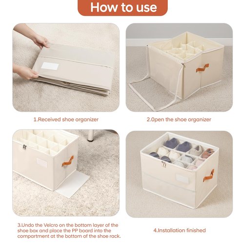 Chewlish Shoe Organizer for Closet, Foldable Shoe Box Storage Containers with Clear Cover, Smooth Zipper, Reinforced Handles and Bottom Support, Space Saving Shoes Holder, Beige (1, Small)
