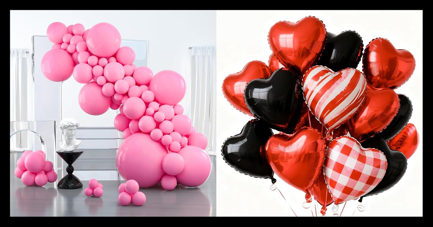 PartyWoo Pink Balloons Set - 127 Pcs in Various Sizes with Red & Black Heart Foil for Valentine's Day Decor