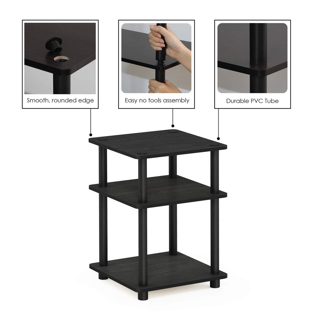 Furinno TURN-N-TUBE Side Table, 3-Tier Square Modern End Table, Open Shelves Nightstand, Night Stand, Bedside Table, Easy Assembly, for Living Room, Bedroom, Blackwood