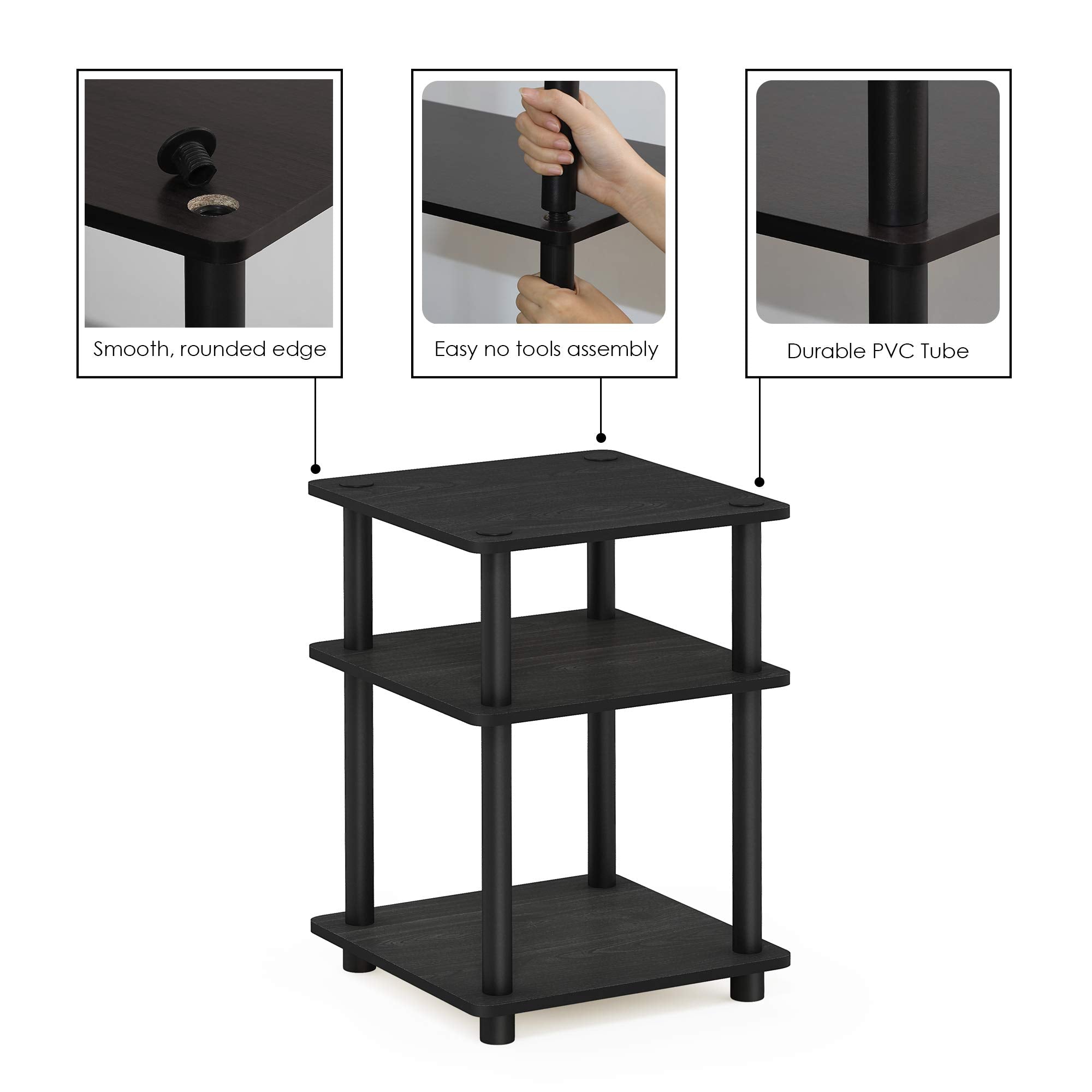 Furinno TURN-N-TUBE Side Table, 3-Tier Square Modern End Table, Open Shelves Nightstand, Night Stand, Bedside Table, Easy Assembly, for Living Room, Bedroom, Blackwood