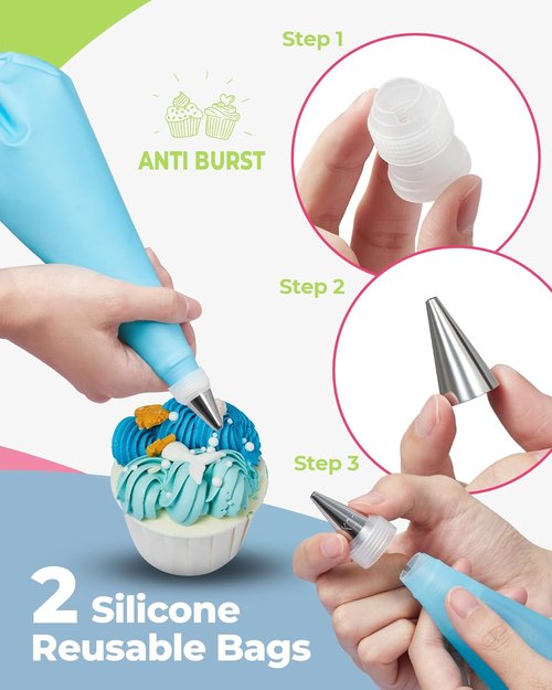 Kootek 32-Piece Cake Decorating Kit - 24 Icing Piping Tips & 2 Reusable 12-Inch Pastry Bags
