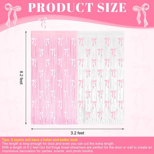 4 Pack Pink Bow Party Backdrop Decoration Pink Bow Foil Fringe Curtains for Girls Bow Birthday Baby Shower Decorations Bridal Shower Bachelorette Party Decor Supplies 3.2ft X 8.2ft