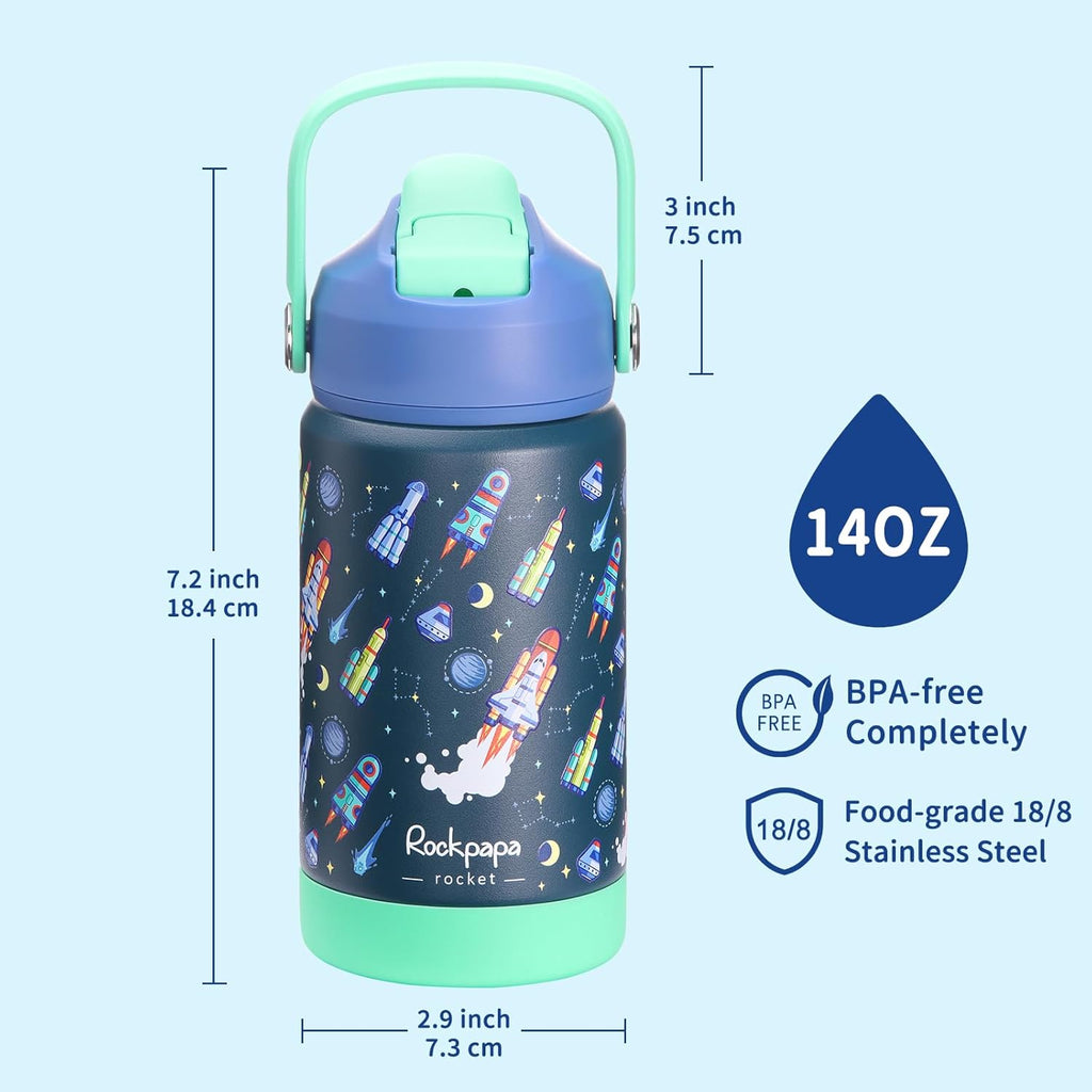 Rockpapa 14 Oz Kids Insulated Water Bottle - Stainless Steel, BPA Free, Leak-Proof | Blue Rocket Design