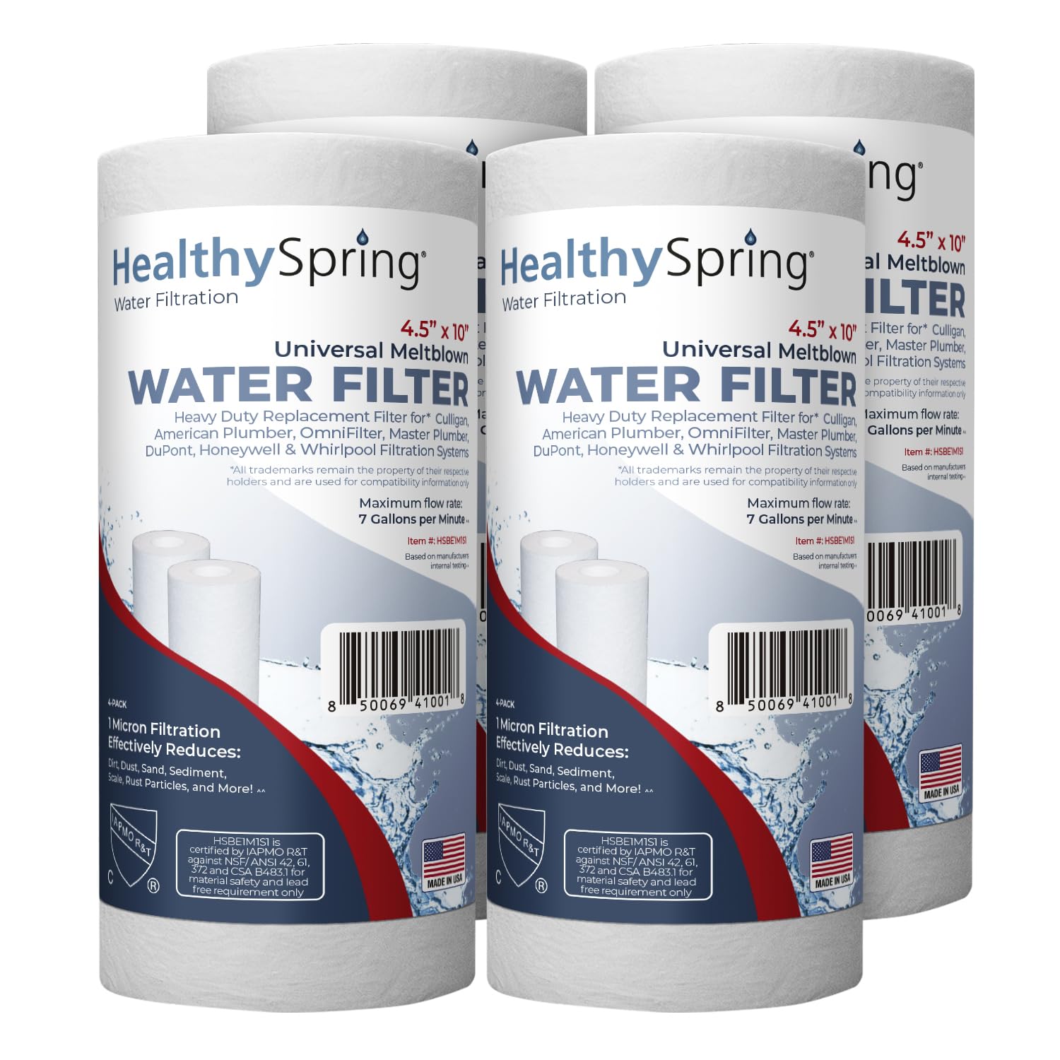 American Made, Sediment Water Filter, 10" x 4.5", Replacement for Pentair Pentek DGD-5005, GE® GXWH40L, GXWH35F, Culligan® RFC-BBSA, 3M® Aqua-Pure® AP810, 5 Micron, Pack of 4