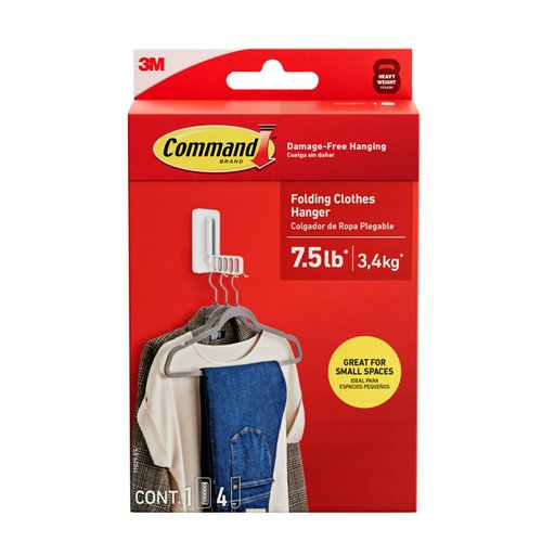 Command Folding Clothes Hanger, Holds up to 5 Hangers 7.5 lb, 1.5lbs per Rung, 1 Hook with 5 Rungs, 4 Strips, Closet Organizer, Home Organization (2 Pack)