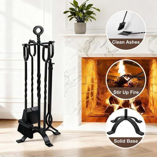 AMAGABELI GARDEN & HOME 5 Pieces Fireplace Tools Set Indoor Wrought Iron Fire Place Pit Large Poker Wood Stove Log Firewood Tongs Holder with Handles Modern Black Outdoor Accessories Kit