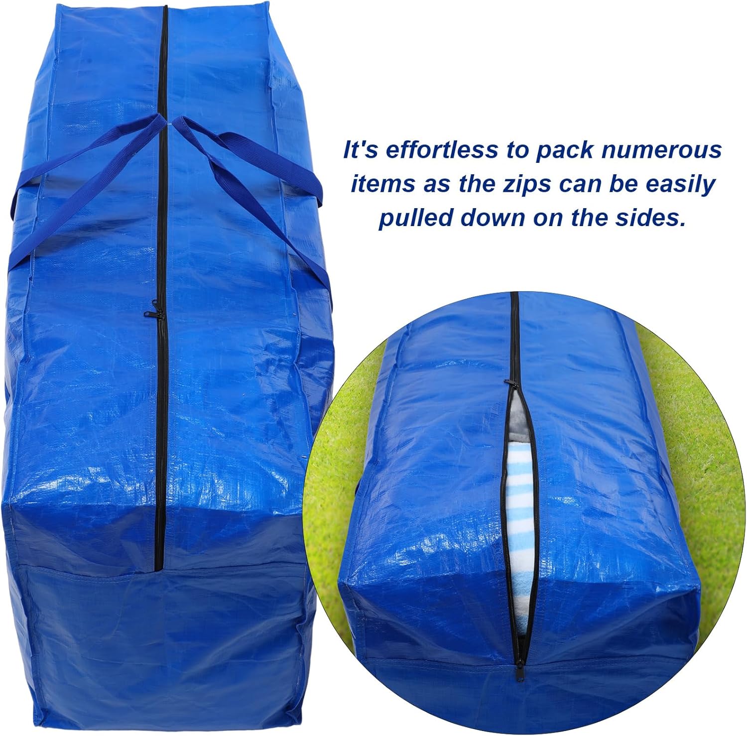 Skiennix 66 Gallon Extra Large Moving Bags - Heavy Duty Storage Tote with Strong Zipper Handle | Foldable Blue