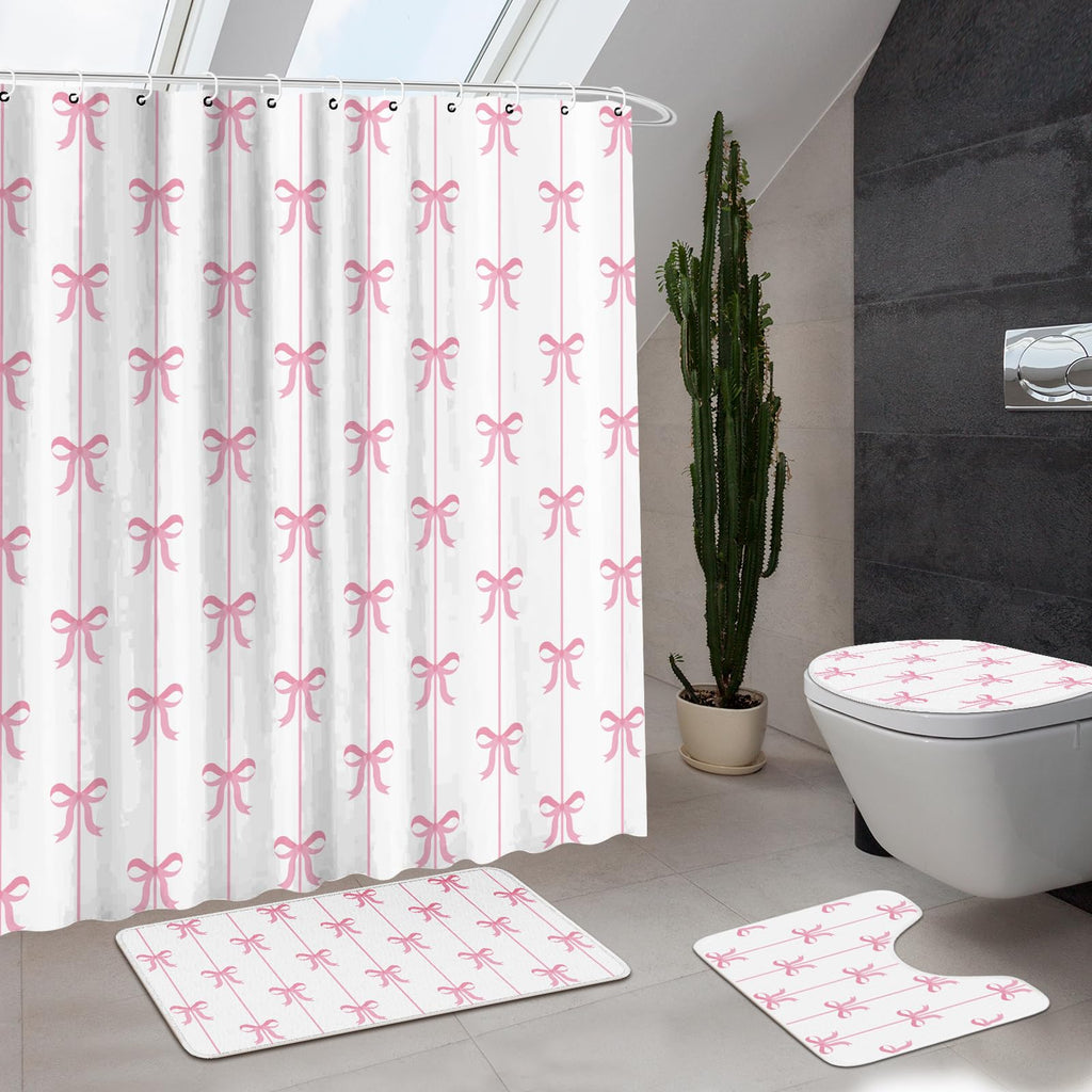 Maasechs 4 Pcs Bow Shower Curtain Set Cute Coquette Bathroom Decor Bow Knot Aesthetic Girly Shower Curtain Set with Non-Slip Rug Toilet Lid Cover Bath Mat and 12 Hooks(White Background,Pink)