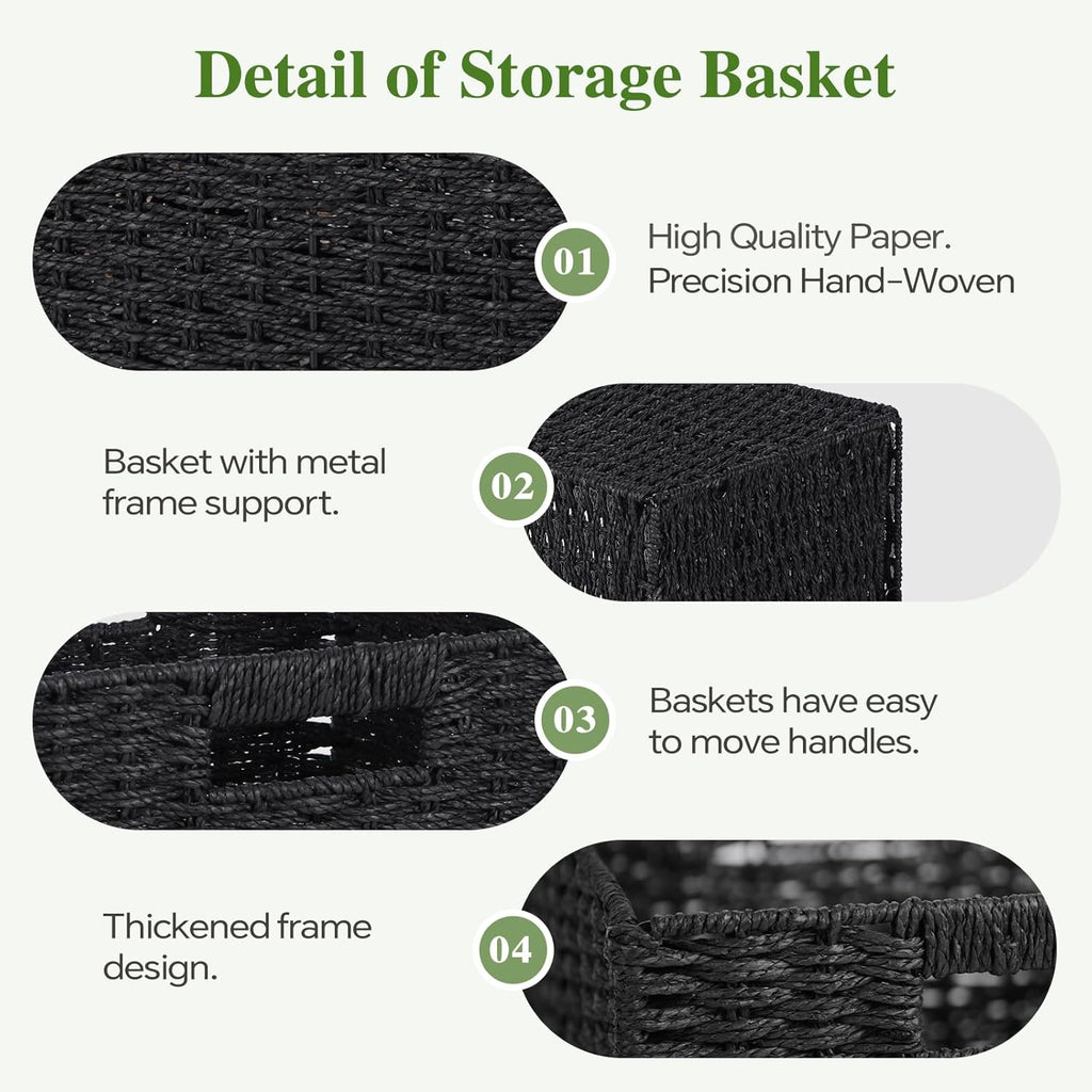 Skiennix Woven Wicker Storage Baskets - 2-Pack Handwoven Paper Rope Organizers | 11x11 Foldable Black Bins