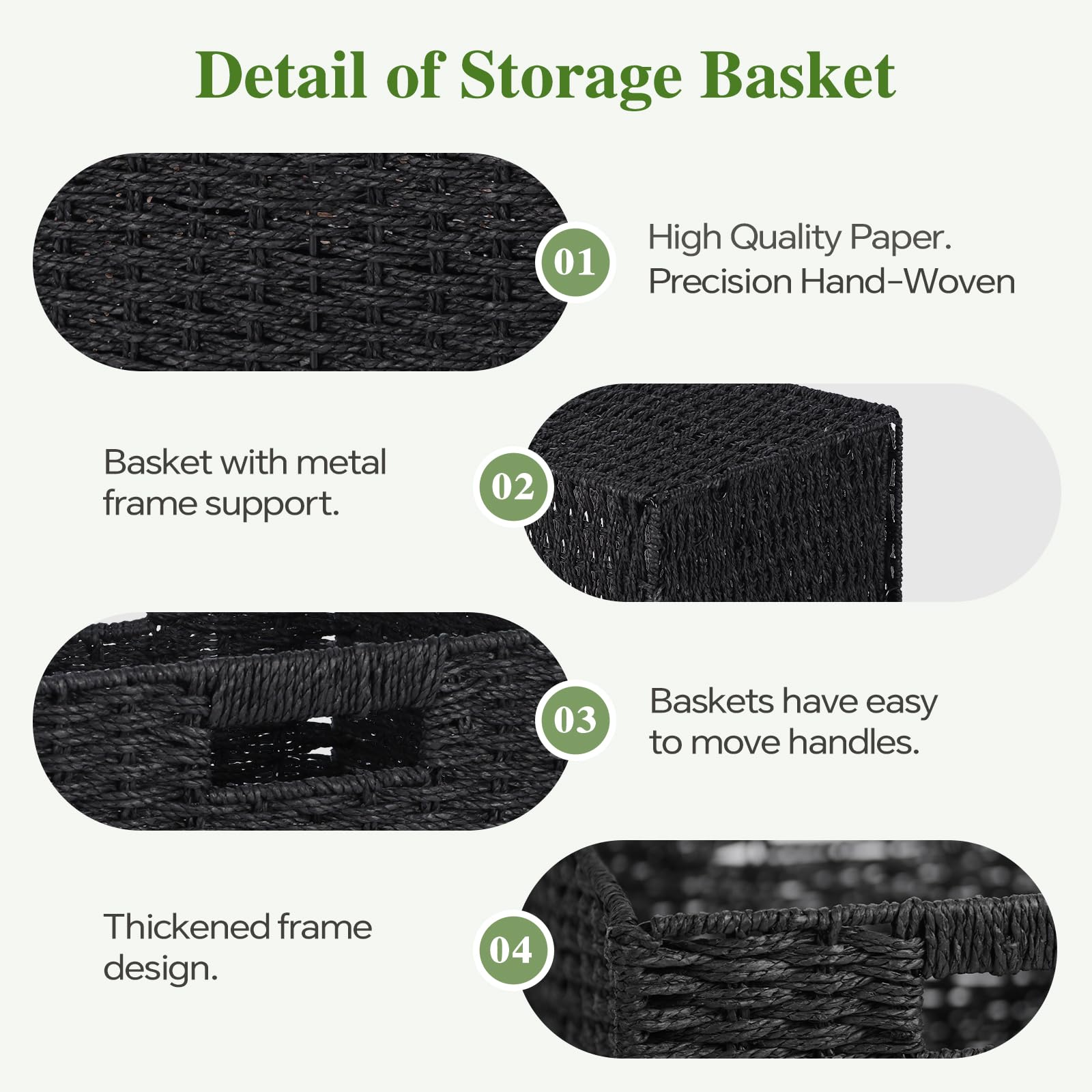 Woven Wicker Storage Baskets 2-Pack, 11x11 Handwoven Paper Rope Organizer Bins, Foldable Cube Storage Cubes with Built-in Handles for Shelves and Closet Organization(Classic Black)