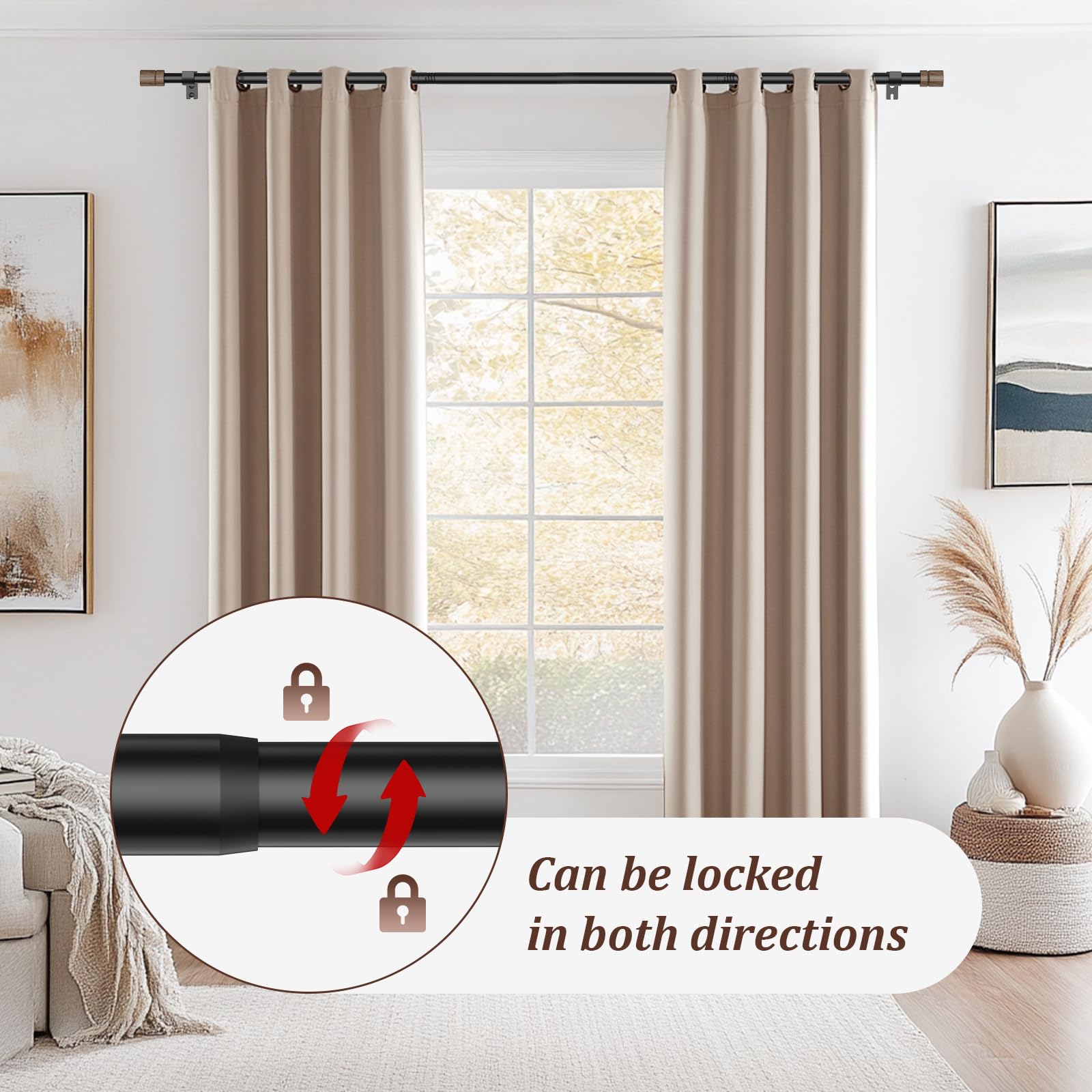 SMODBRODRE Wood Curtain Rods for Windows 66 to 120 Inches, Adjustable Length 1 Inch Heavy Duty Window Curtain Rod with Decorative Finials for kitchen,Room
