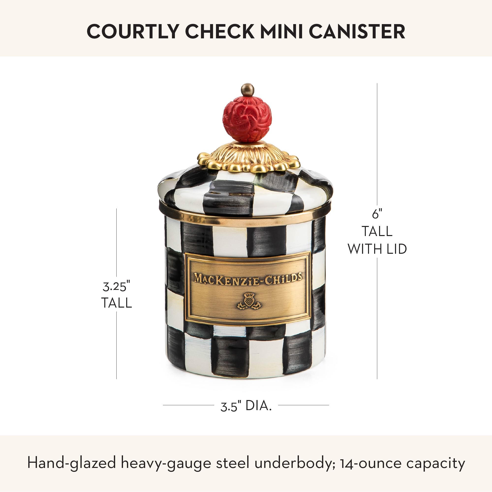 MACKENZIE-CHILDS Courtly Check Enamel Canister, Black-and-White Kitchen Storage Container with Lid, Mini