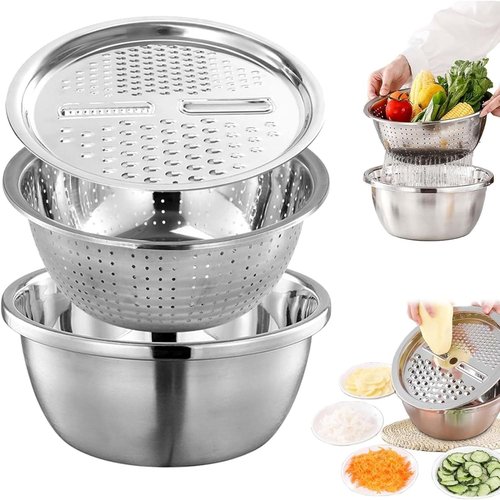 Germany Multifunctional Stainless Steel Basin - 3-in-1 Vegetable Cutter, Grater & Strainer | 10.2" Size