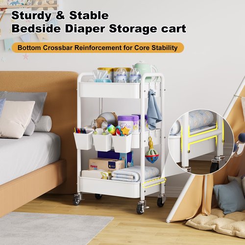 Diaper Cart Organizer with Wheels, 3 Tier Rolling Bedside Cart for Baby Essentials, Baby Organizers and Storage Diaper Caddy Carts for Changing Table, Crib, Bedroom, Newborn Nursery Supplies, White