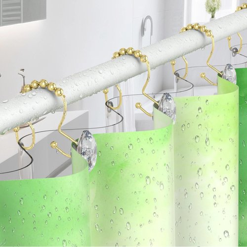 Goowin Shower Curtain Hooks, Crystal Shower Curtain Rings, Stainless Steel Gold Shower Curtain Hooks, Metal Shower Curtain Hangers, Decorative Double Shower Hooks for Shower Curtain & Liner, Gold