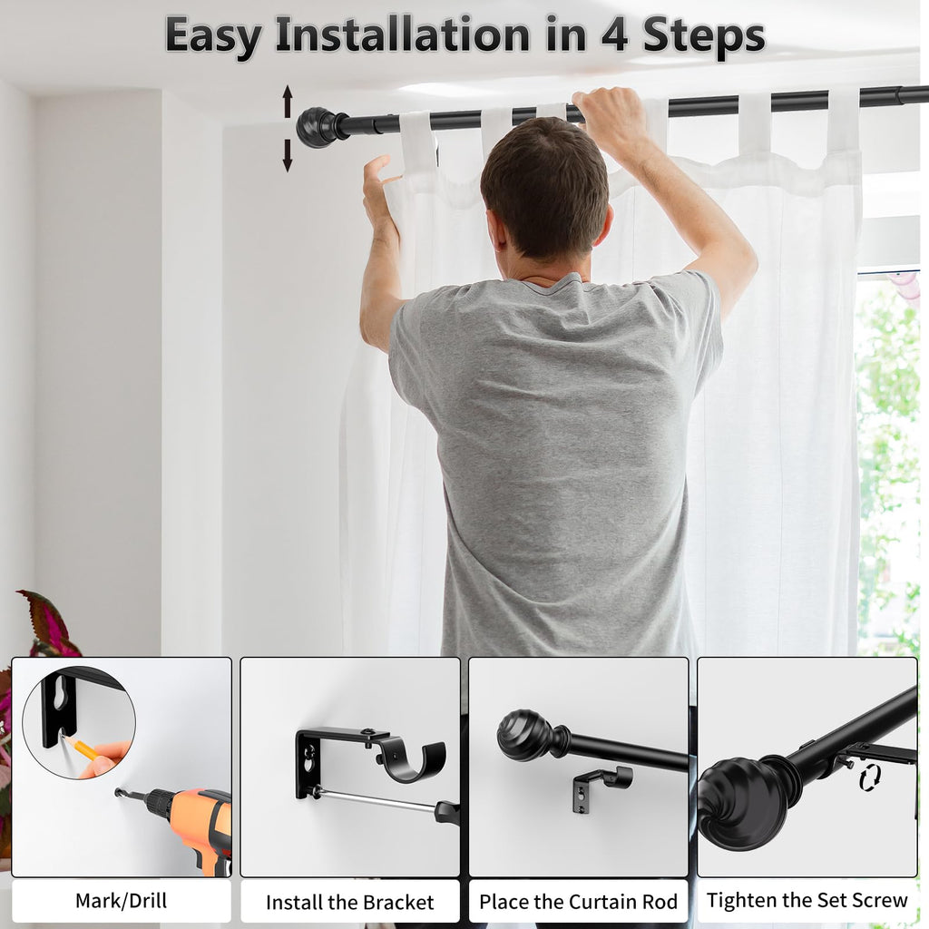 Curtain Rod for Sliding Glass Door, 34-93 Inch Adjustable 1 Inch Heavy Duty Drapery Rod, Window Treatment Rod for Bedroom, Living Room and Indoor Outdoor Use, Matte Black
