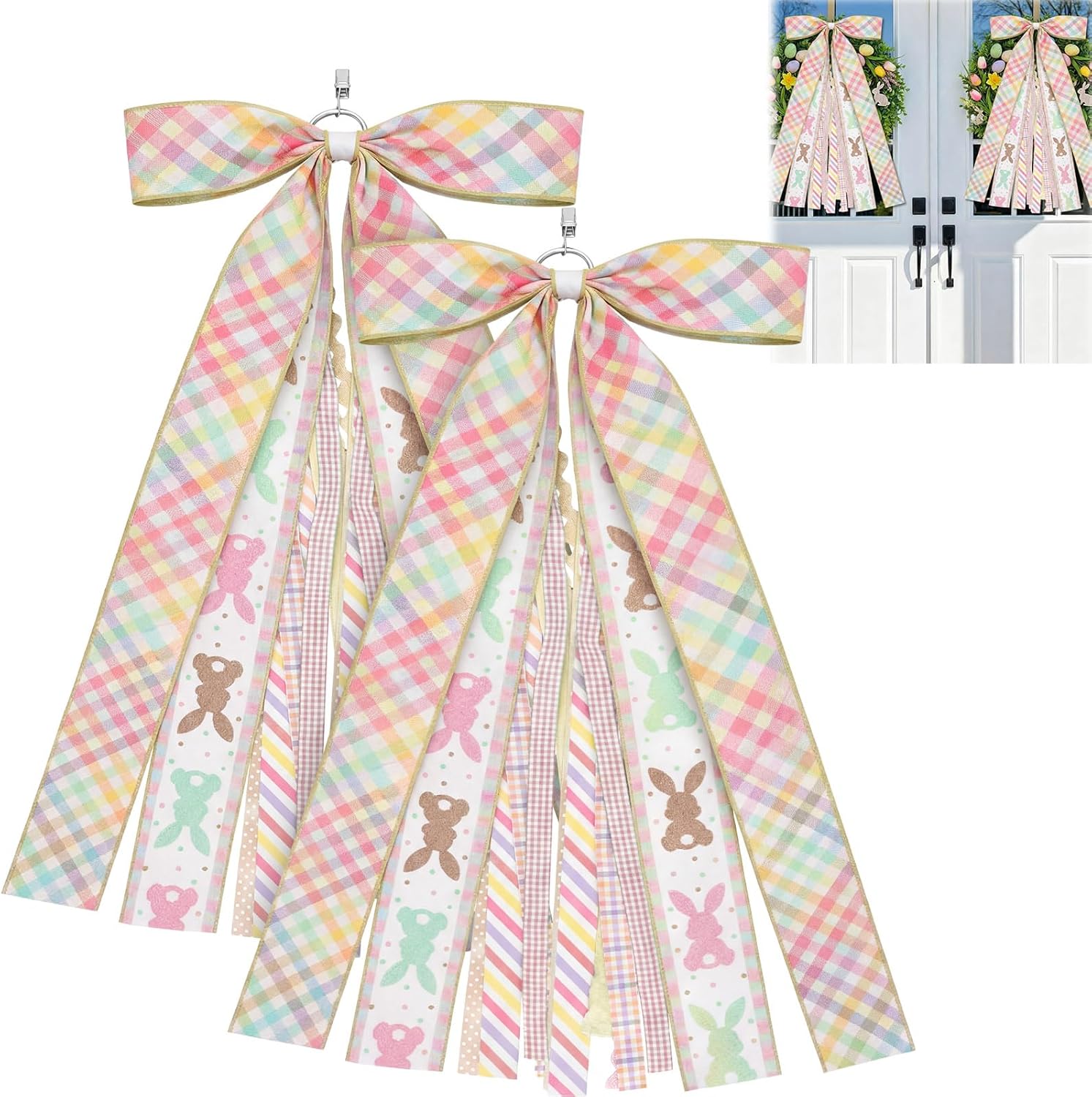 Suncalla Easter Ribbon Bows - Colorful Large Rabbit Decorations for Wreaths & Doors | 2 Pcs Set