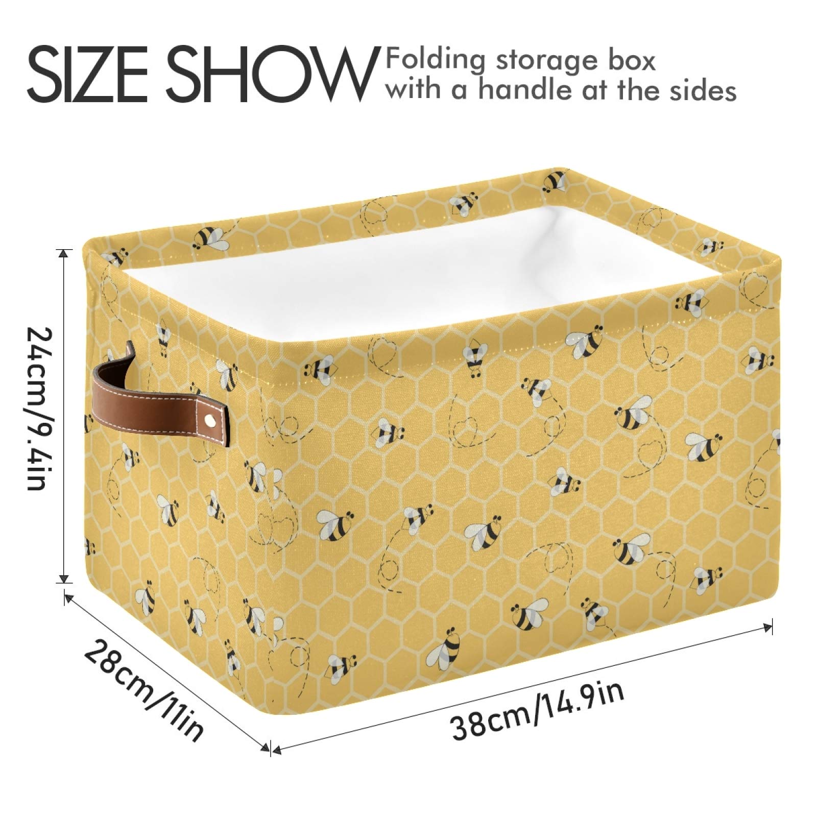 Cute Animal Bee Square Storage Basket Bin Canvas Fabric Compressible Organizer Basket with Handle for Bedroom Nursery Office, 1PCS