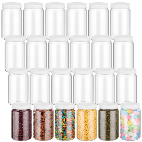 Lallisa 24 Pack 32oz Clear Plastic Jars with Lids Wide Mouth PET Mason Jars Large Clear Empty Plastic Storage Containers with White Leakproof Lids for Household Kitchen Organizing
