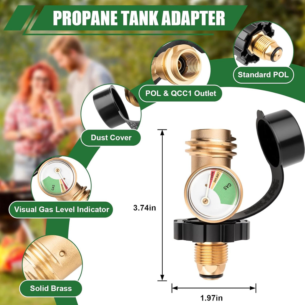 Skiennix 100 lb Propane Tank Adapter - POL to QCC1 Connection with Built-In Gauge for Easy Monitoring