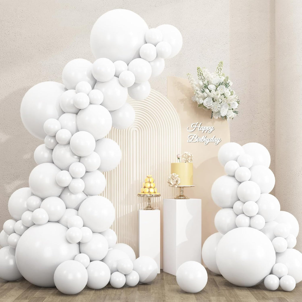 RUBFAC White Balloons - 135pcs in Various Sizes (5-18 Inch) for Wedding, Birthday, and Baby Shower Decor