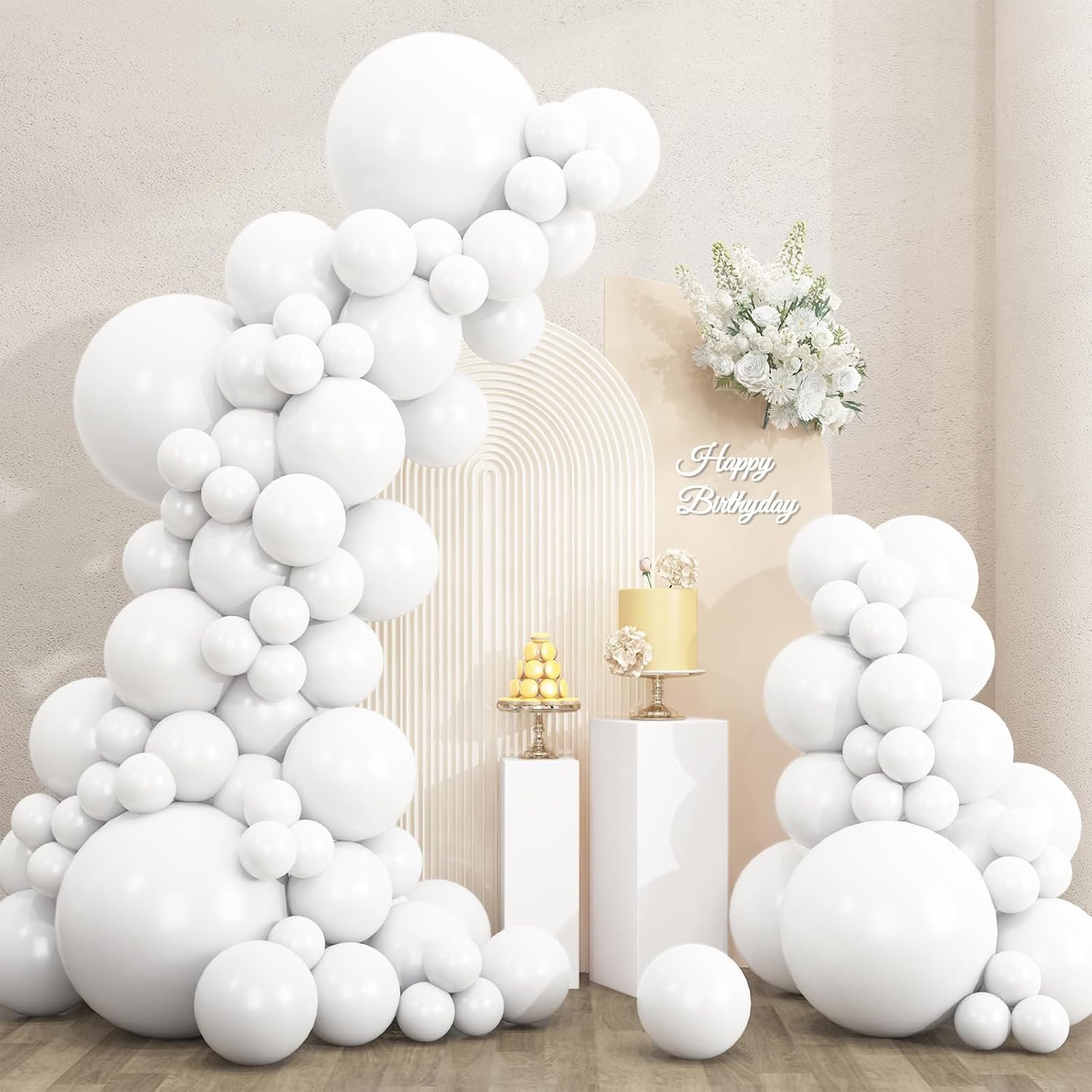 RUBFAC White Balloons - 135pcs in Various Sizes (5-18 Inch) for Wedding, Birthday, and Baby Shower Decor