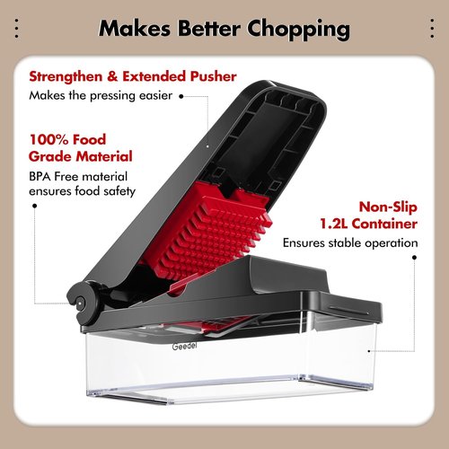 Geedel Vegetable Chopper - Pro Onion Slicer & Dicer with Container for Salad & Veggies | 4-in-1, Red