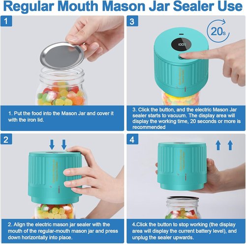 LOVE MOMENT Electric Mason Jar Vacuum Sealer Kit - Fits Wide & Regular Mouth Jars - Green