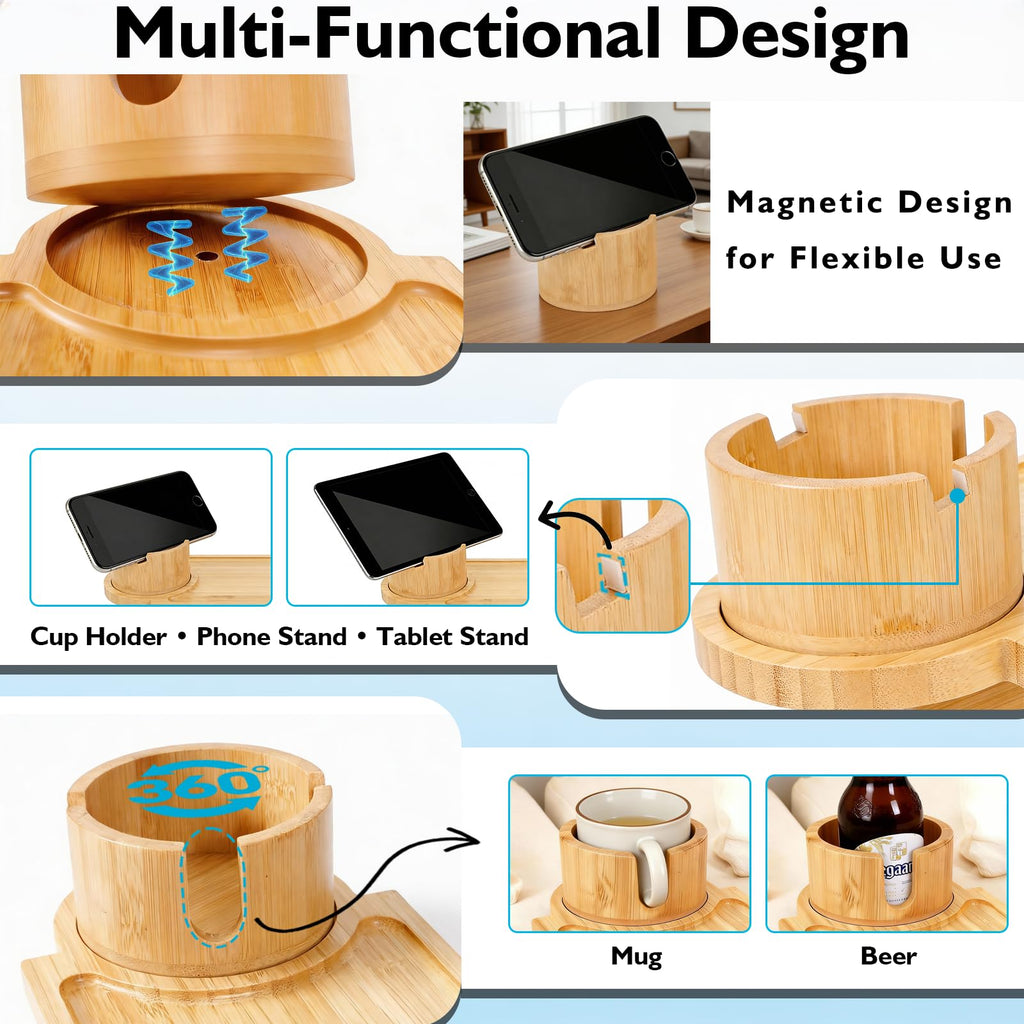Bamboo Couch Gap Cup Holder Tray - 3-in-1 Removable Anti-Slip Snack Organizer with 360° Rotating Cup Holder, Armrest Table for Sofa/Recliner, Remotes & Phones