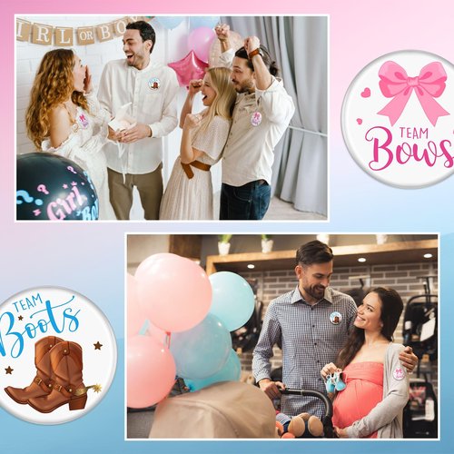 Landical 60 Pcs Boots or Bows Gender Reveal Pins, Funny Baby Shower Team Boots or Bows Gender Reveal Decorations for Party Supplies Blue and Pink Team Button Pins Games Decorations