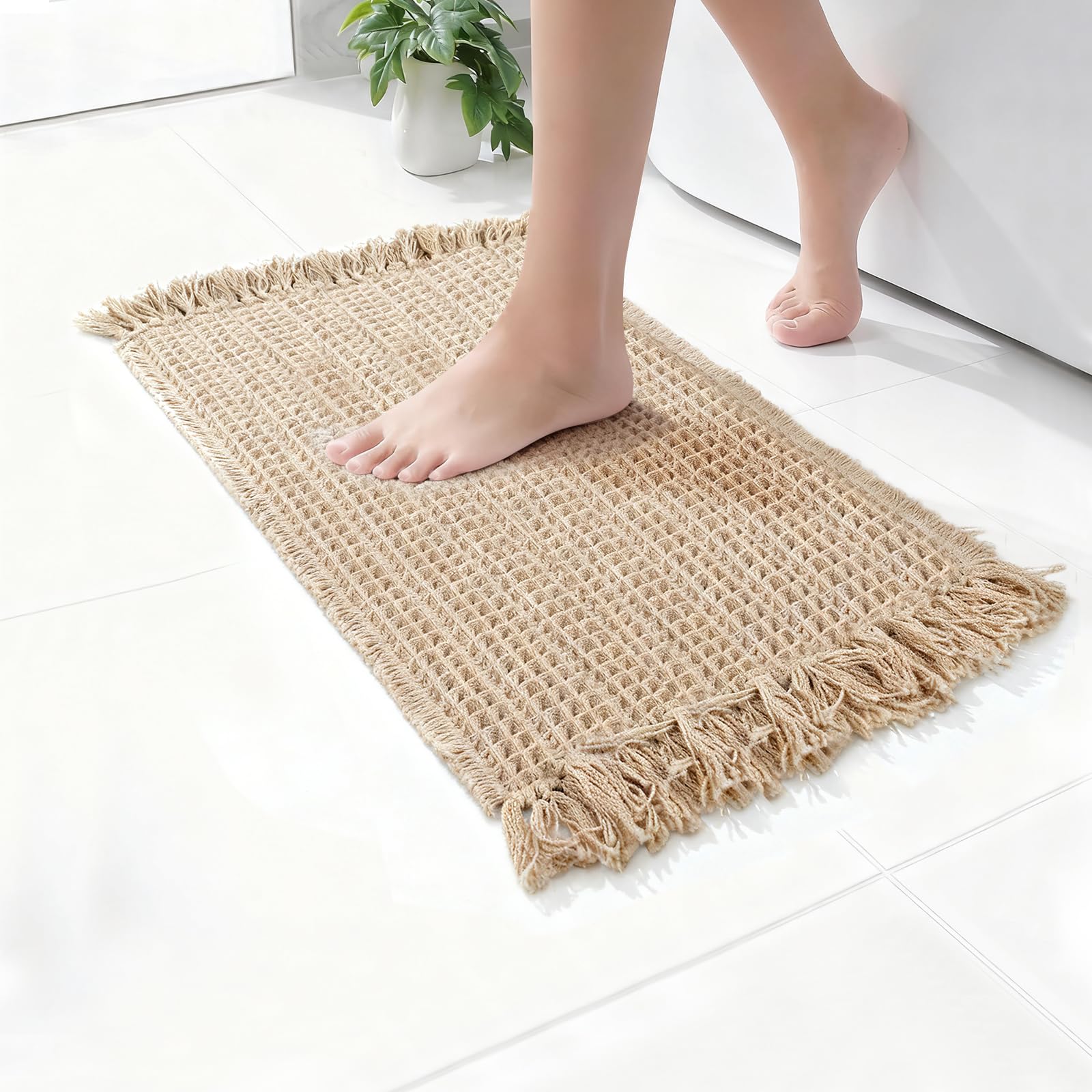 CozeForm Waffle Bath Mat, Super Absorbent Waffle Bathroom Rug with Tassels, Non Slip Bath Mats for Bathroom Floor, Ultra Soft Boho Bath Mat, Quick Dry Shower Mat, Machine Washable, 18"×30", Khaki