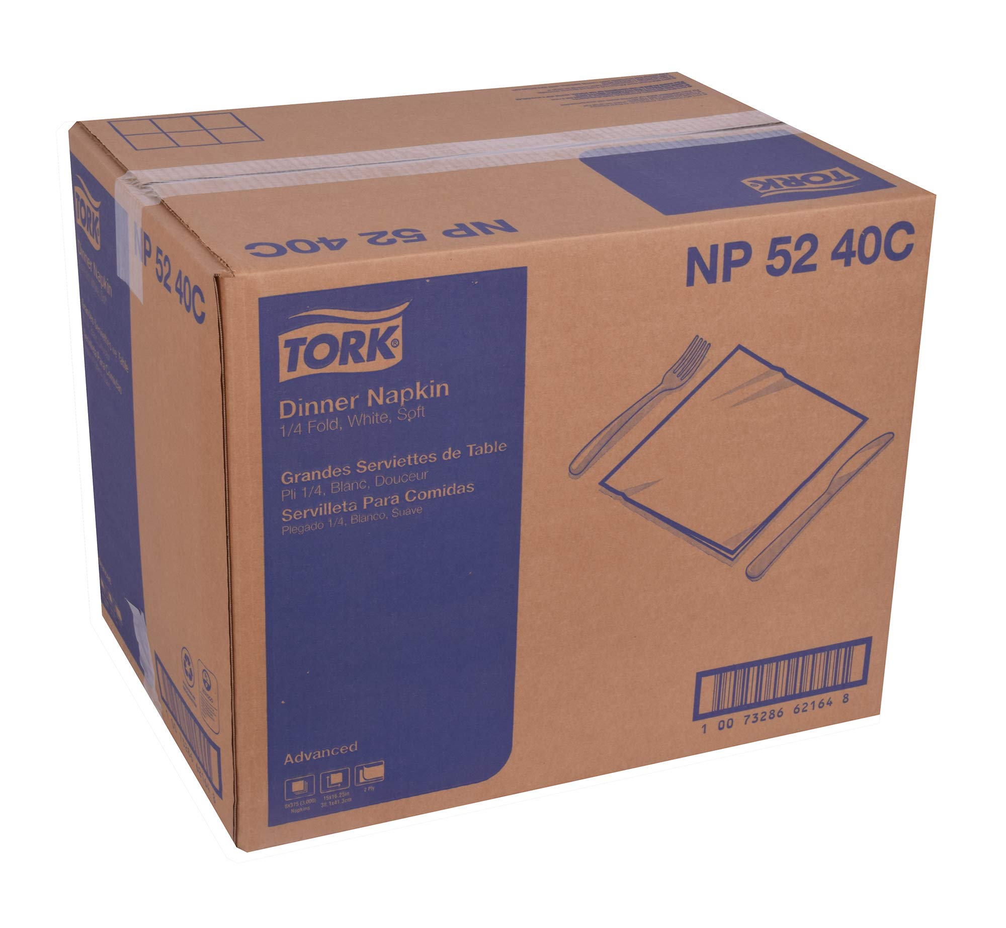 Tork White Soft Dinner Napkin, 1/4 Fold 2-ply, 16.3" x 15", 8 x 375 napkins, NP5240C