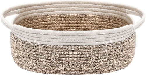 JMvicyroam Woven Basket - Small Rope Storage Bin with Handles for Organizing Shelves & Closets | White & Oatmeal