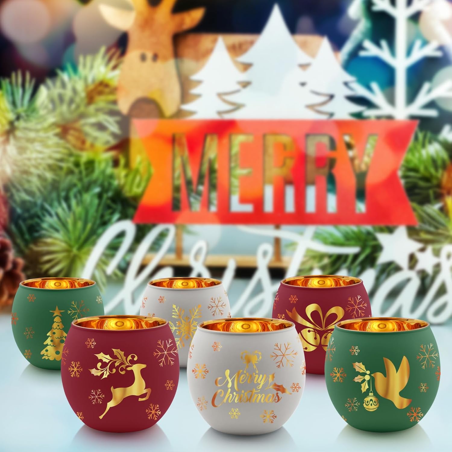 Skiennix Christmas Votive Candle Holder Set - 6 Red, Green & White Glass Tealight Holders with Laser Engraved Patterns for Festive Table Decor