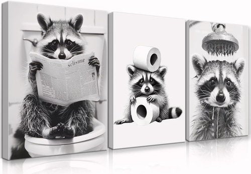 DCMVJHZV Funny Bathroom Wall Art - Cute Raccoon Canvas Prints | Modern Black & White Decor (12"x16", 3 Pcs)