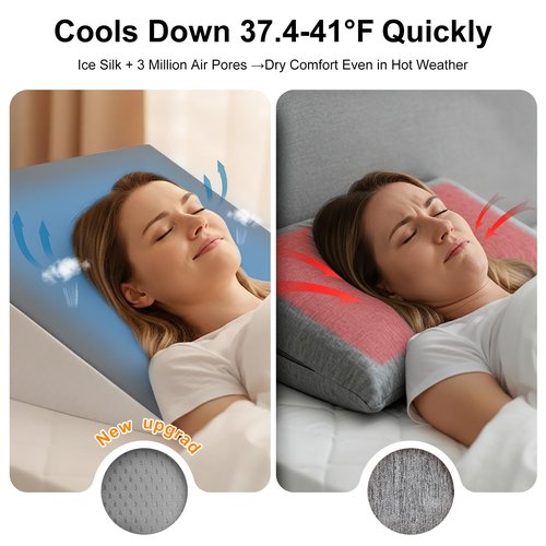 DeerFable [2026 New 12" Memory Foam Wedge Pillow for Sleep Apnea, Sleeping, Acid Reflux Relief, Snoring, Dual Sided Cooling & Warm Fabric Triangle Pillow Wedge for After Surgery, Back, Leg - Gray