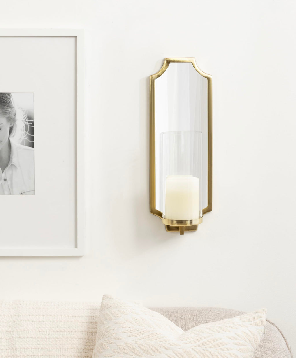 Kate and Laurel Ciel Glam Mirrored Wall Sconce; 6 x 5 x 16; Gold; Modern Scalloped Candle Holder with Removable Glass Cylinder and Mirror for Bathroom or Bedroom Wall Decor