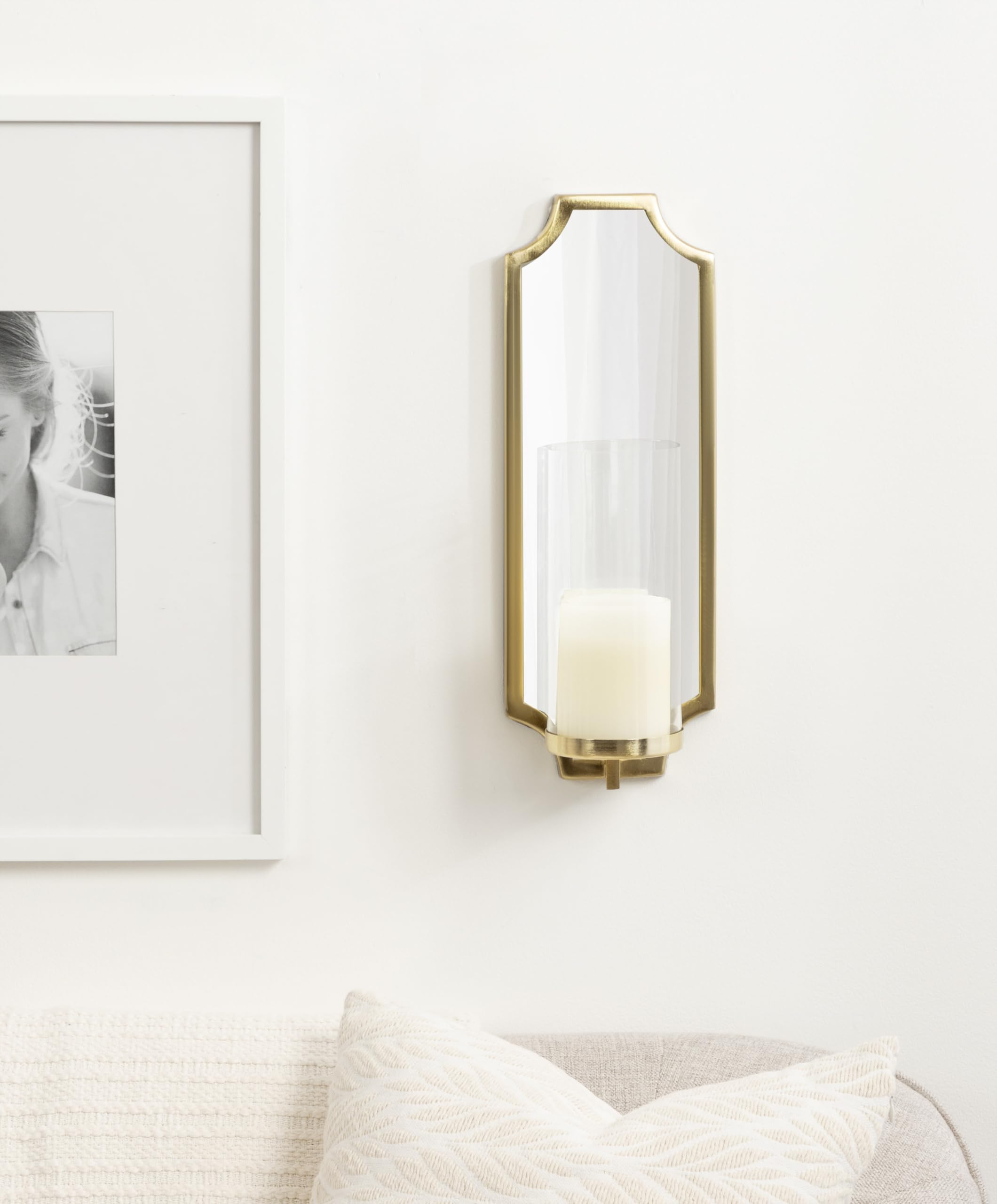 Kate and Laurel Ciel Glam Mirrored Wall Sconce; 6 x 5 x 16; Gold; Modern Scalloped Candle Holder with Removable Glass Cylinder and Mirror for Bathroom or Bedroom Wall Decor