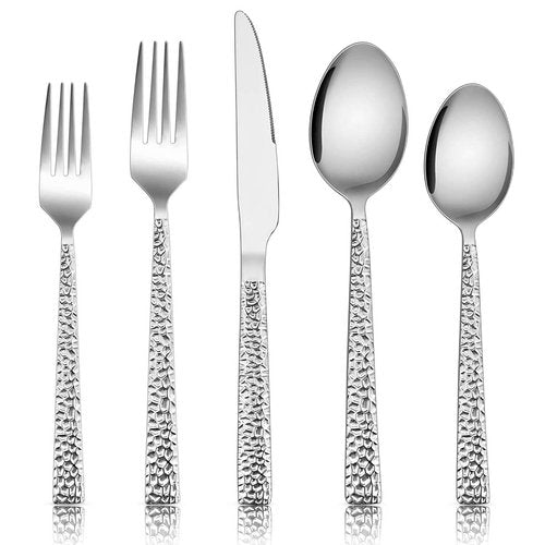 E-far 80-Piece Hammered Silverware Set, Stainless Steel Square Flatware Set Service for 16, Tableware Cutlery Set Includes Forks Spoons Knives, Modern Design & Mirror Polished - Dishwasher Safe