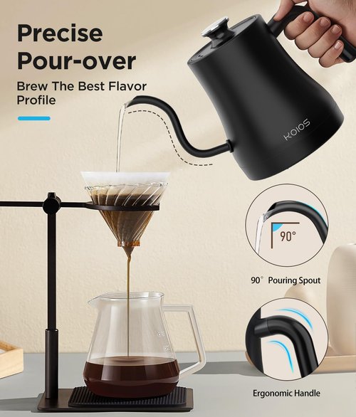 KOIOS Gooseneck Electric Kettle with ±1℉ Temperature Control & Mute Mode, 0.8L Pour Over Kettle for Coffee & Tea, 1200W Quick Heating Stainless Steel Water Boiler with 4Hrs Keep Warm, Matt Black