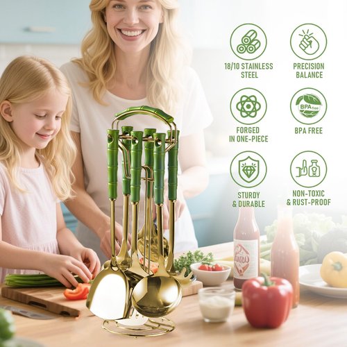 KEJJRIUTN 9 Piece Kitchen Utensil Set, Kitchen Accessories for Cooking, Gold Stainless Steel with Green Handles, Cooking Tools with Stand