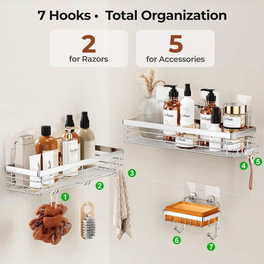 Orimade Shower Caddy - Wall-Mounted Soap Dish Holder with 5 Hooks | Stainless Steel, Silver - 3 Pack